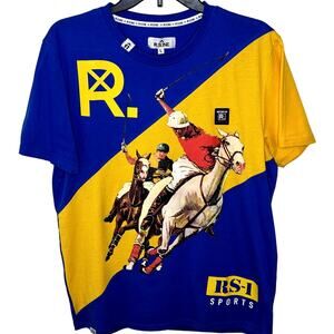 R.S.1NE Mens Blue & Yellow Short Sleeve RS-1 Sports T-Shirt Size Large
